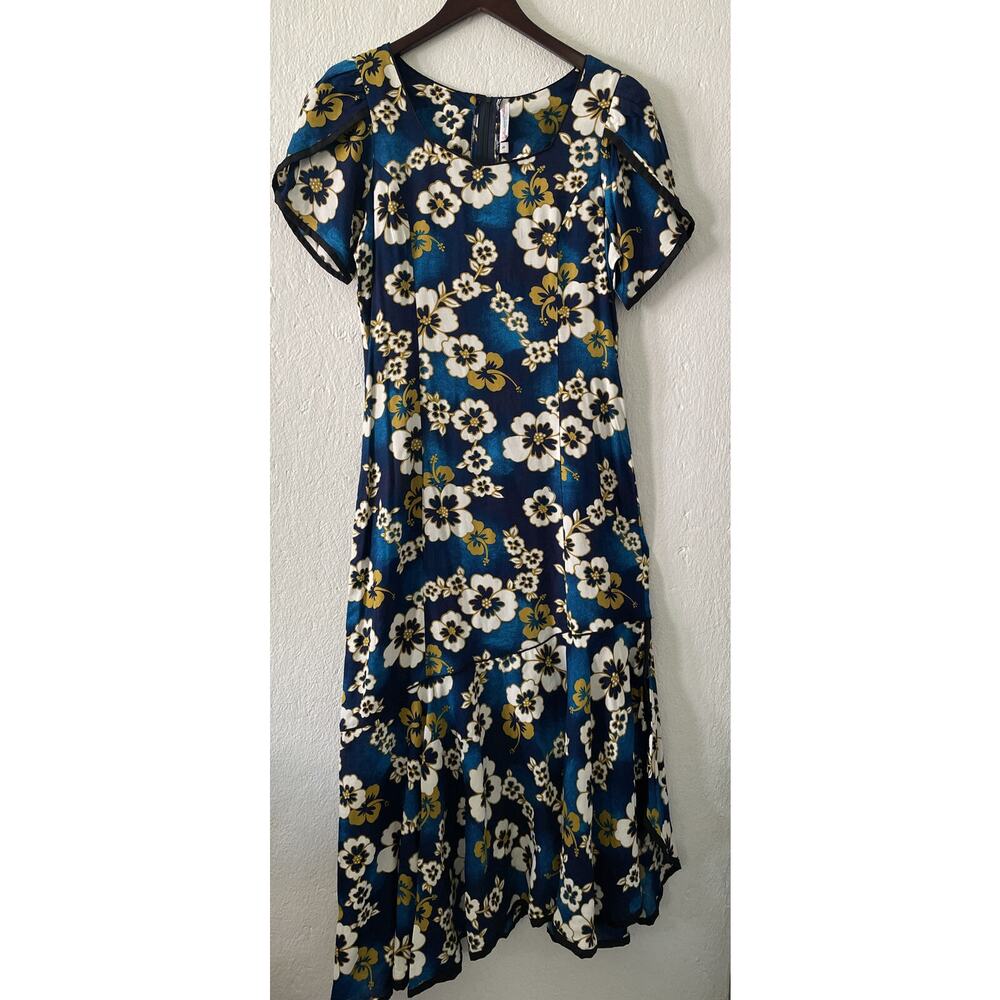 Vintage Wenger Hawaiian Dress Blue Floral Drop Waist Ruffle Hem Made in Hawaii S